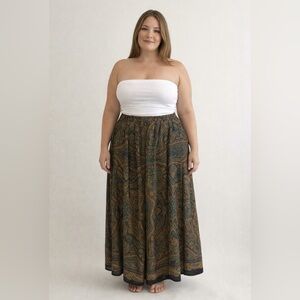 Vintage Style Paisley Maxi Skirt Boho Brown & Teal Flowy High-Waisted Plus Size